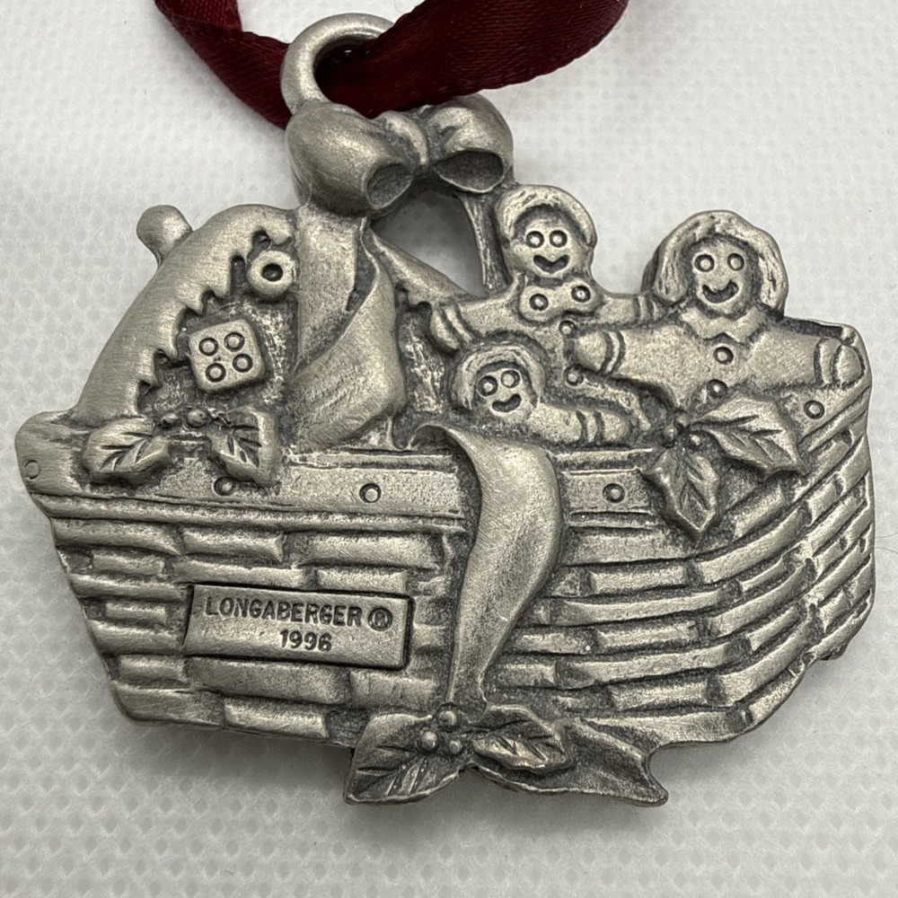 Longaberger 1996 Gingerbread Basket Pewter Christmas Ornament Tie On - Picture 3 of 4